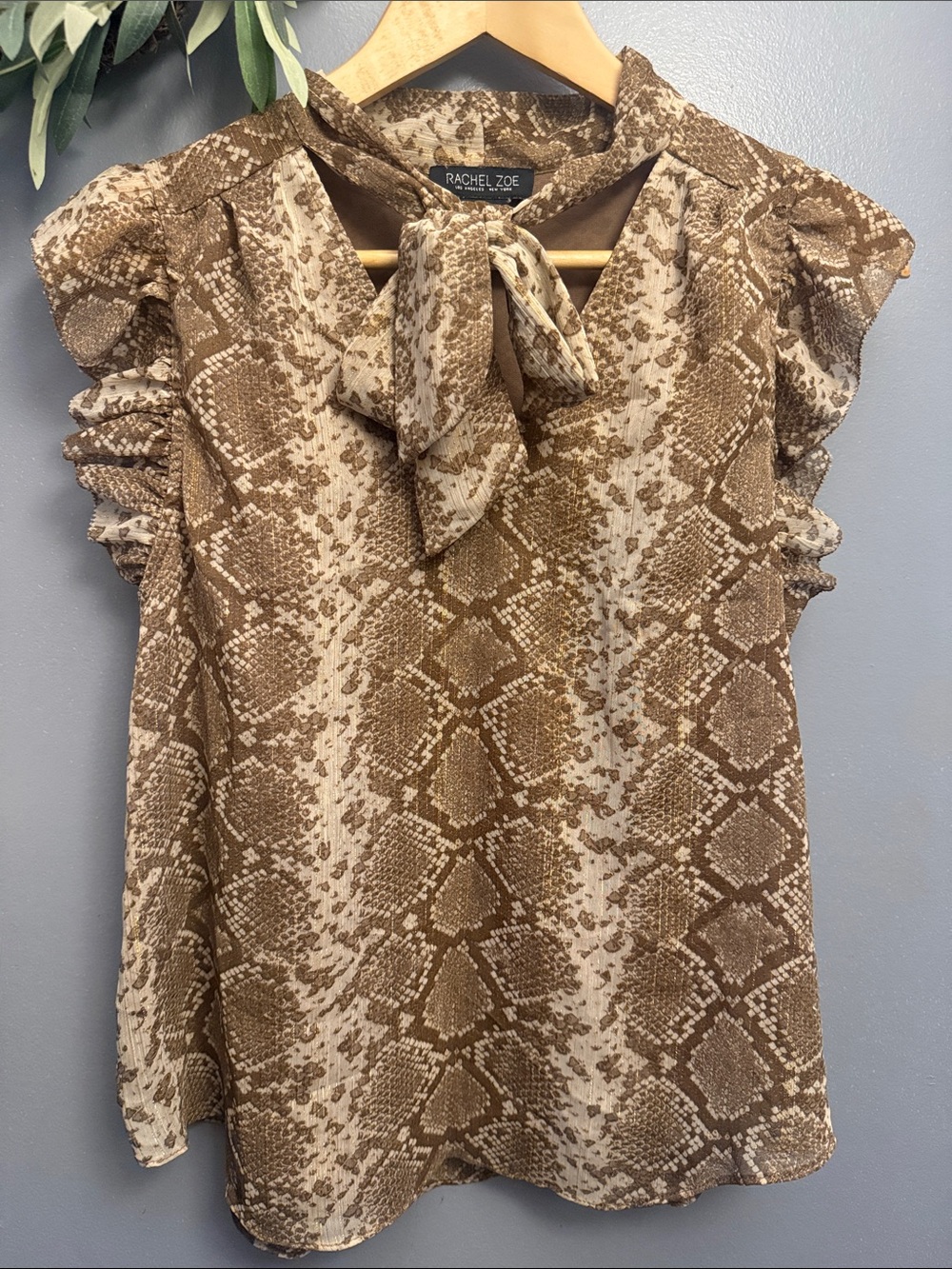 Rachel Zoe Brown & Cream Snake-Print Tie-Neck Blouse